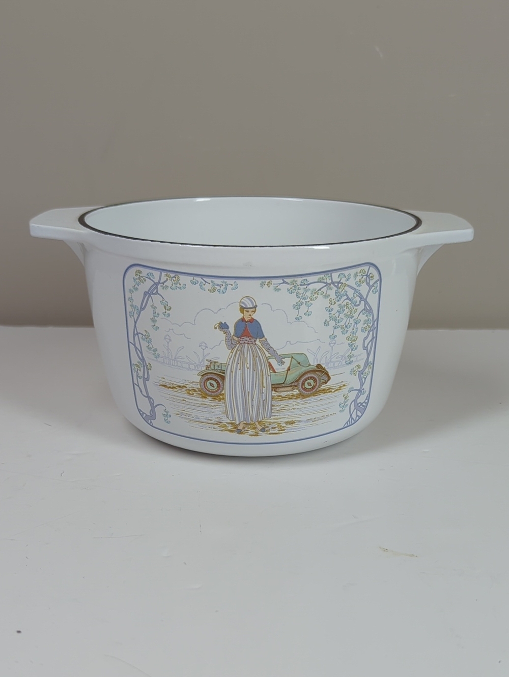 Vintage Nomar France Enameled Cast Iron Casserole Pot - Art Deco Style Woman
